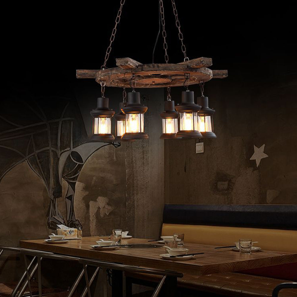 Epoch Retro Ruder Pendelleuchte, 6 Köpfe, Wohnzimmer Holz Glas