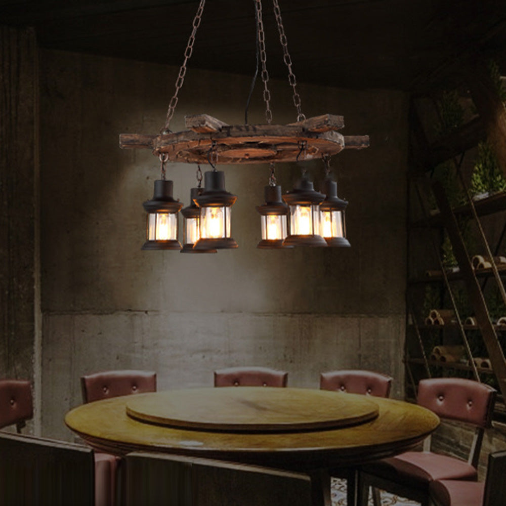 Epoch Retro Ruder Pendelleuchte, 6 Köpfe, Wohnzimmer Holz Glas