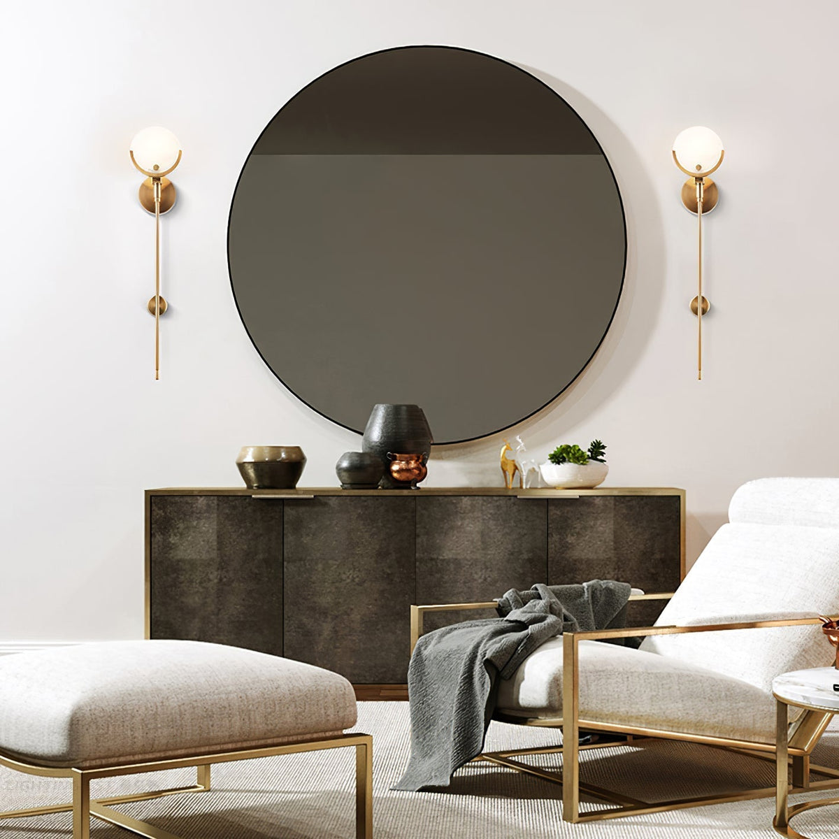 Ljomuvyo zeitgenössische minimalistische Wandleuchte aus Messing mit Alabaster-Lampenschirm