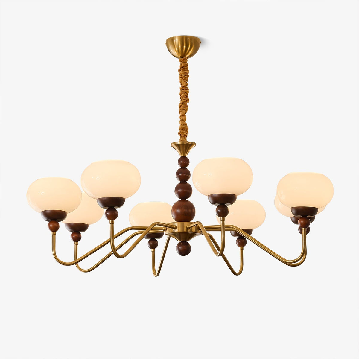 Sylaian Kronleuchter aus Glas und Messing mit Holzaufsatz in zeitgenössischem Stil 6-Light