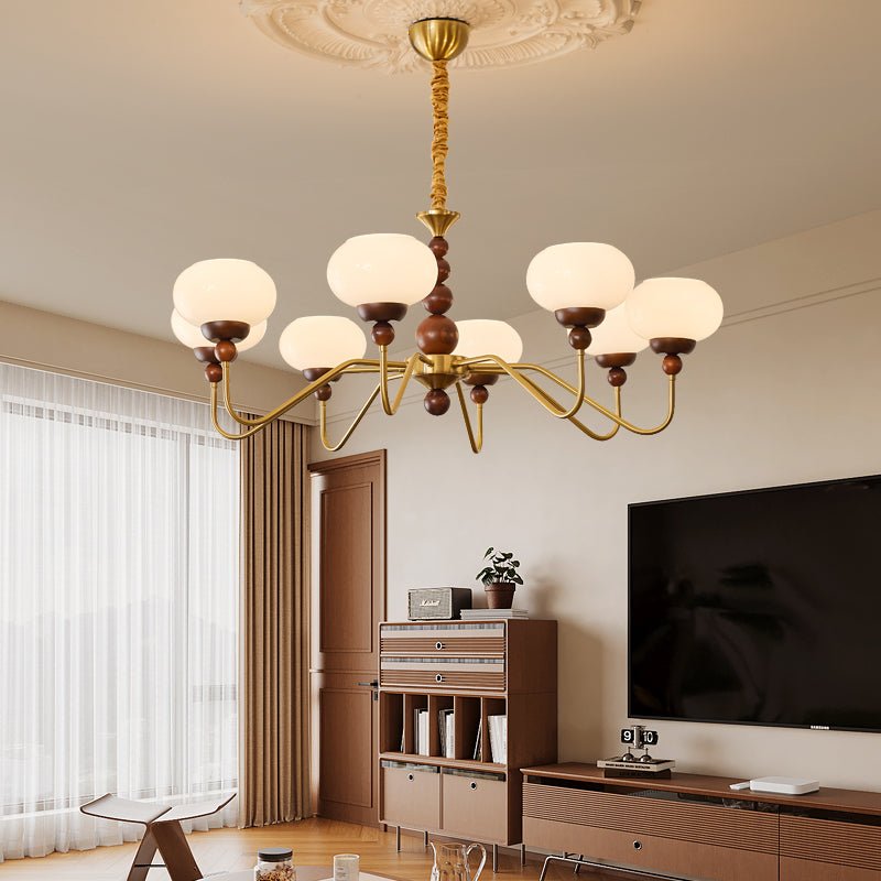 Sylaian Kronleuchter aus Glas und Messing mit Holzaufsatz in zeitgenössischem Stil 6-Light