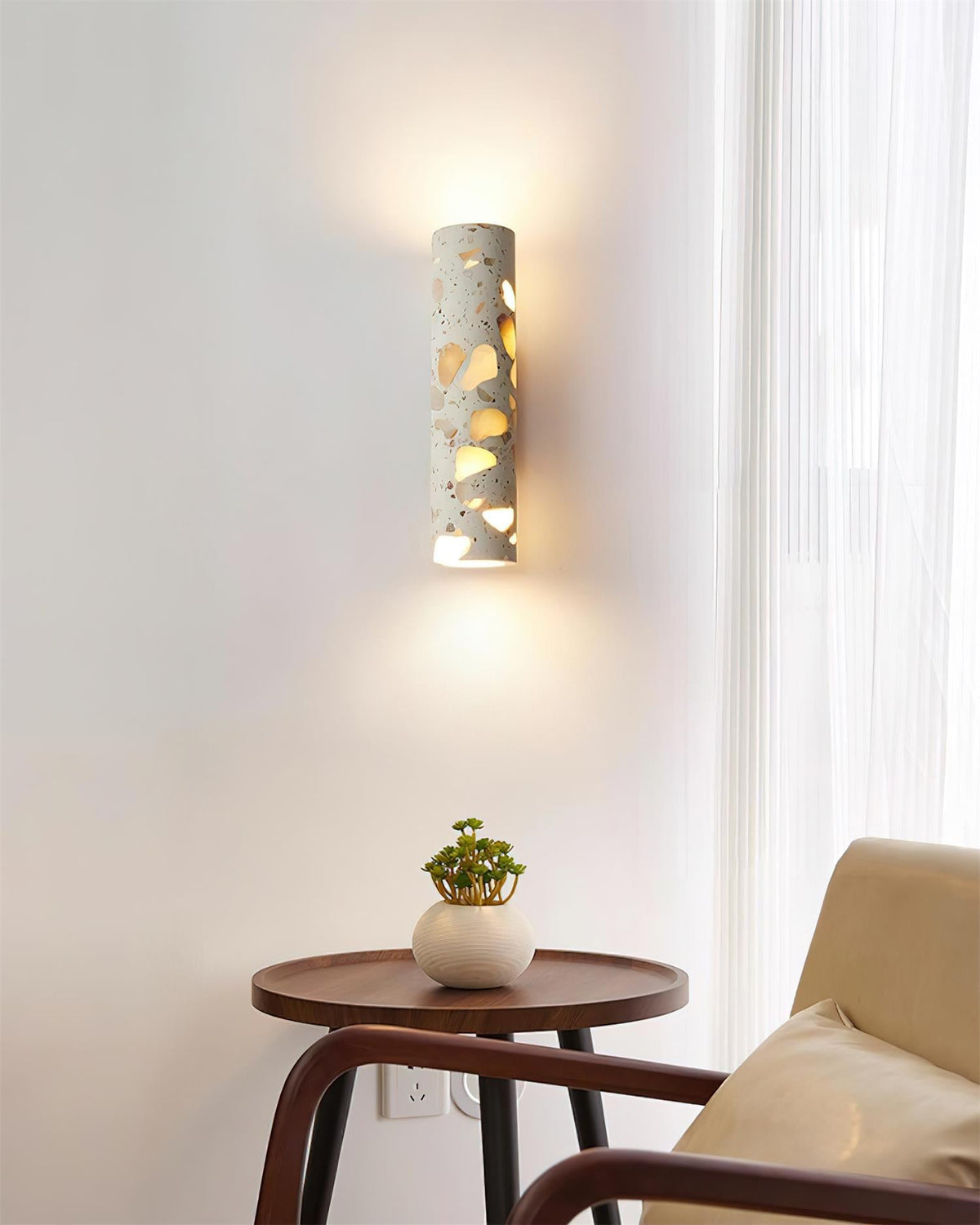 Calinaria Wandleuchte Beige Terrazzo-Stein-Zylinder minimalistisch fürs Schlafzimmer | Cielum