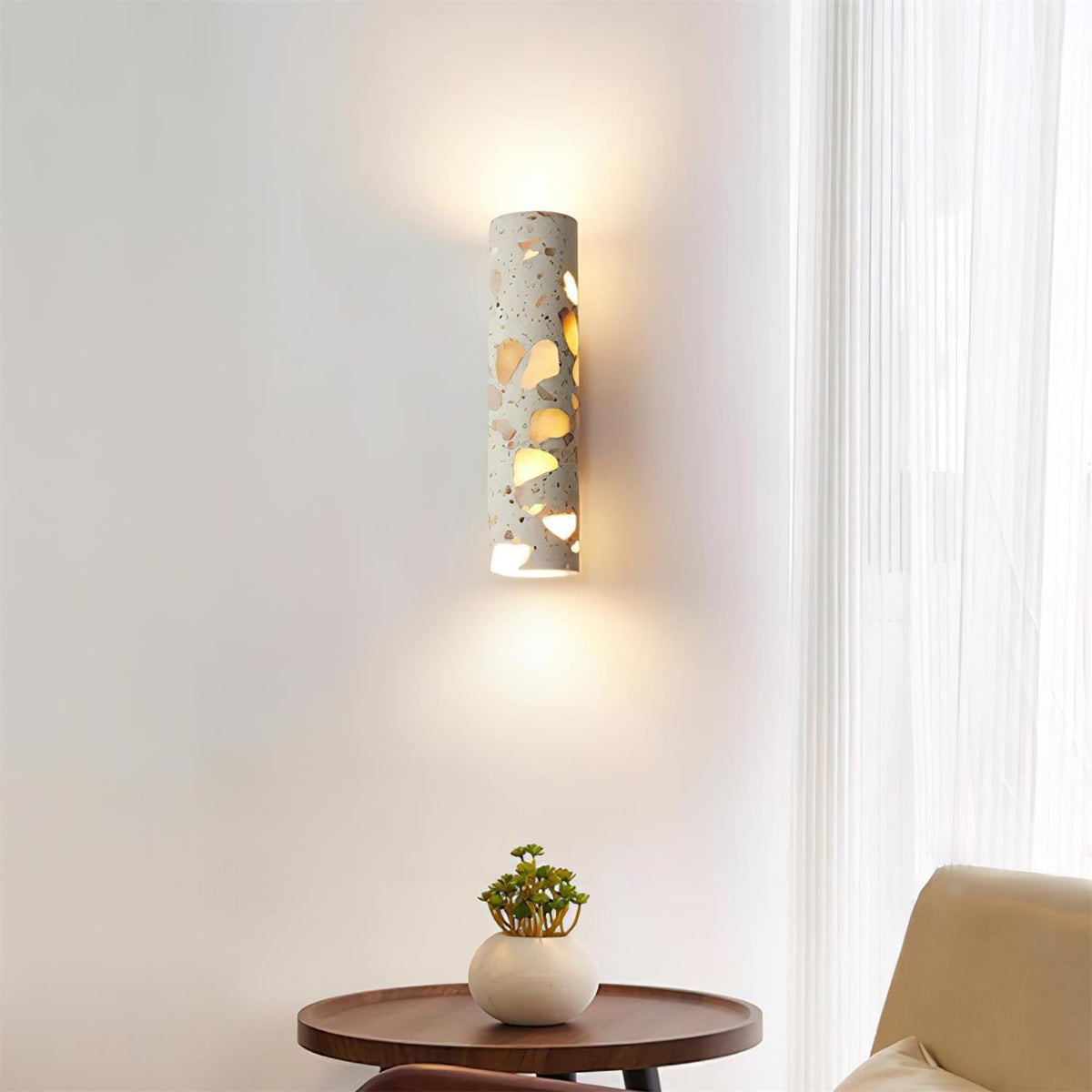 Calinaria Wandleuchte Beige Terrazzo-Stein-Zylinder minimalistisch fürs Schlafzimmer | Cielum