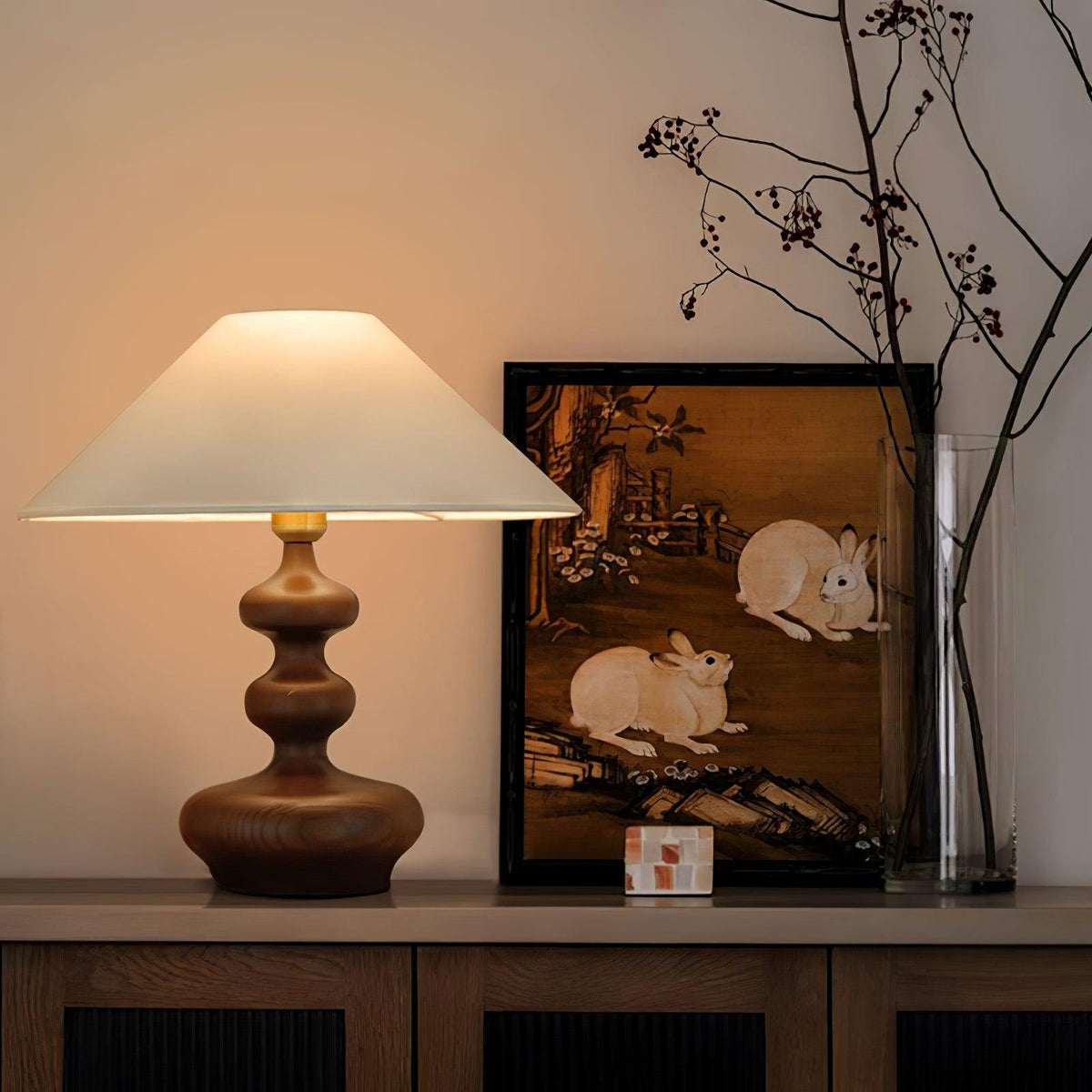 Vominex Tischleuchte aus Holz und Stoff im Vintage-Stil