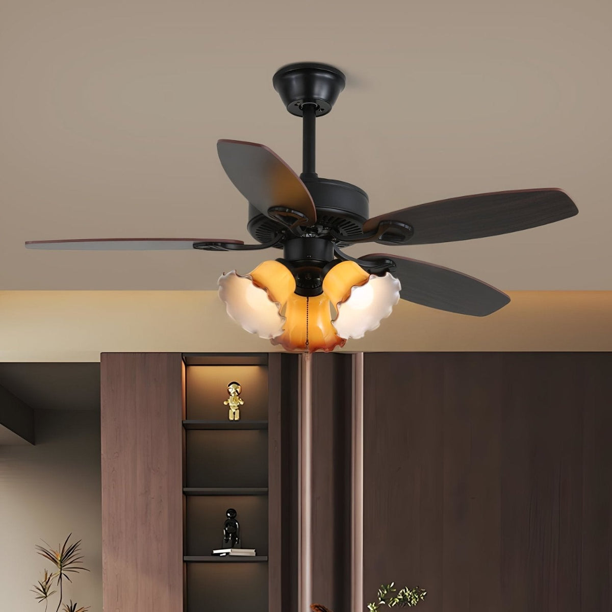 Calviera Vintage Holz-Glas-Deckenventilator mit Beleuchtung