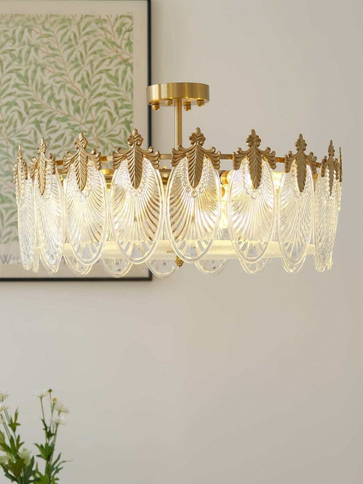 Eirisena Kronleuchter Glas-Kronblätter Goldrahmen Rund