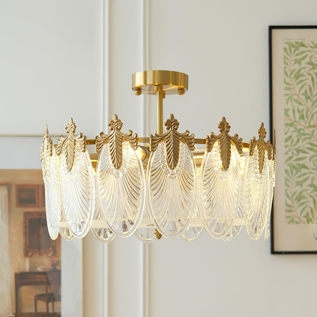 Eirisena Kronleuchter Glas-Kronblätter Goldrahmen Rund