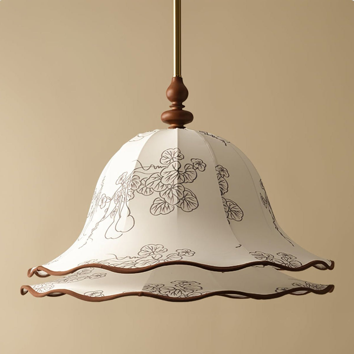 Ilsilis traditionelle Eleganz Blumengestellter Stoff-Holz-Pendelleuchte