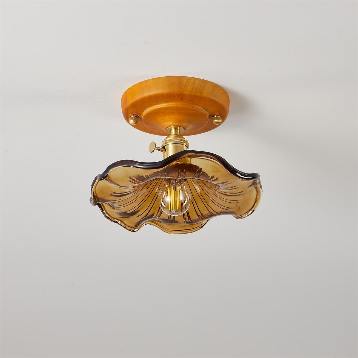 Deckenleuchte Holzbaldachin Messing & Glaslampenschirm Vintage Blumendruck Landhausstil