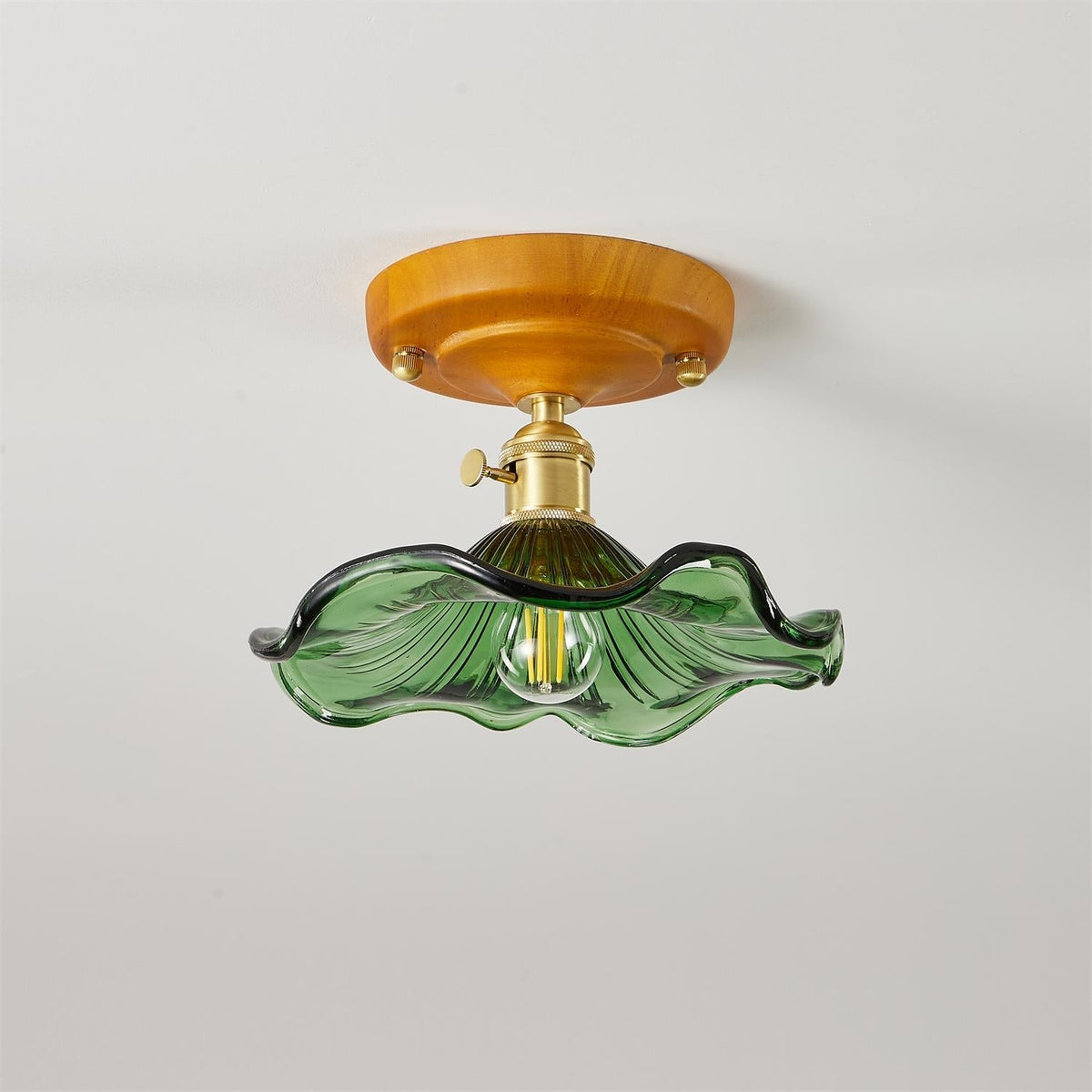 Deckenleuchte Holzbaldachin Messing & Glaslampenschirm Vintage Blumendruck Landhausstil