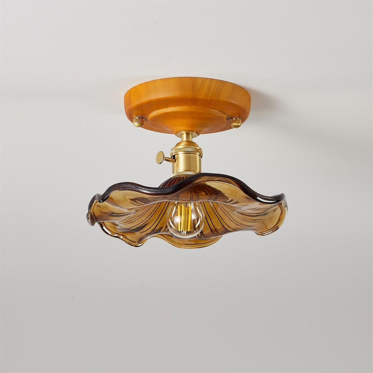 Deckenleuchte Holzbaldachin Messing & Glaslampenschirm Vintage Blumendruck Landhausstil