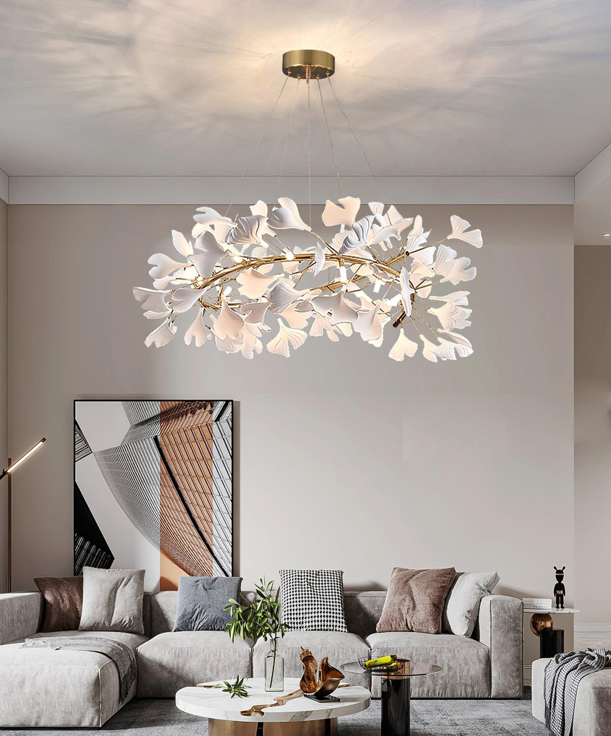 Umberis Pendelleuchte Gingko Porzellanblätter Gold