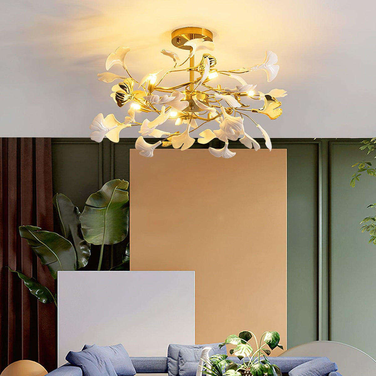 Auriora Pendelleuchte Gingko Keramikblätter Gold
