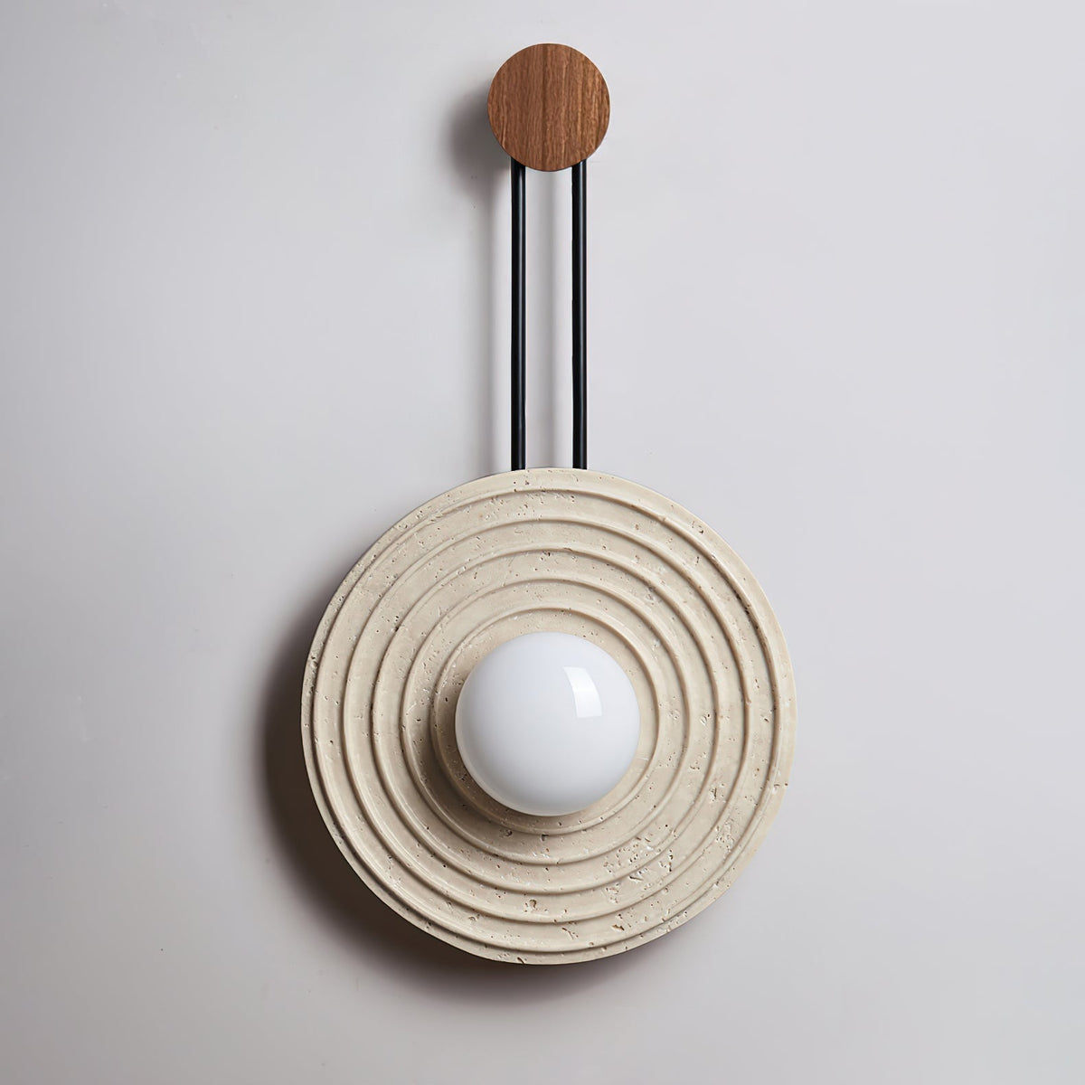 Isoror Spiral-Ring Travertine-Wandleuchte in Dunkelwalnuss & Beige
