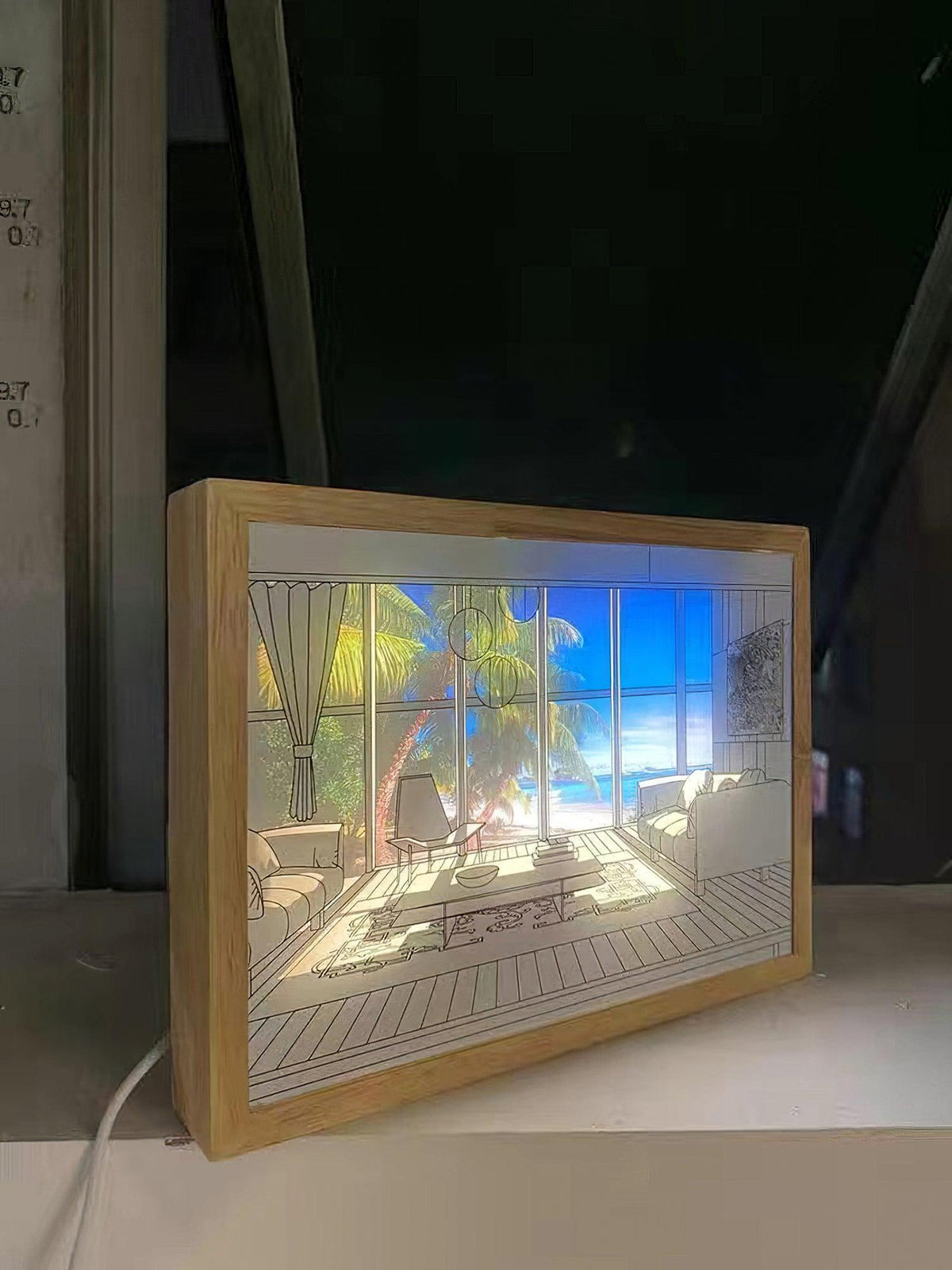 Olrine beleuchtete Nachttisch-Kunst-Wandleuchte aus Holz