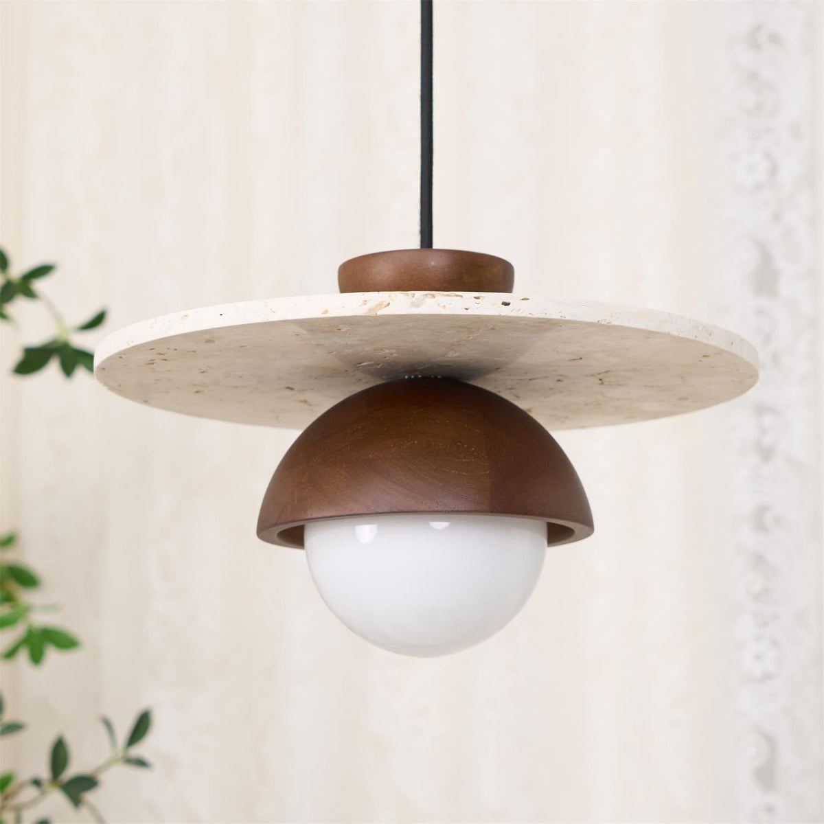 Calvion Pendelleuchte Travertin Holz Glas Kugel
