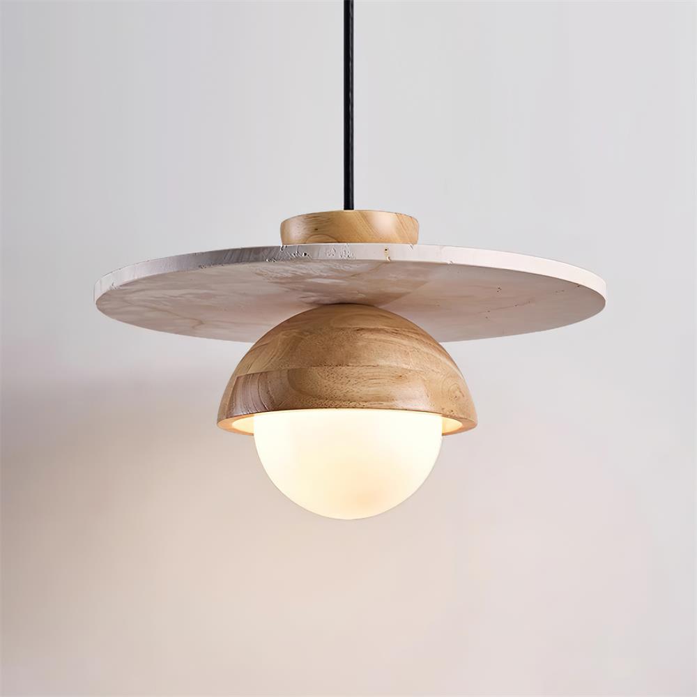 Calvion Pendelleuchte Travertin Holz Glas Kugel