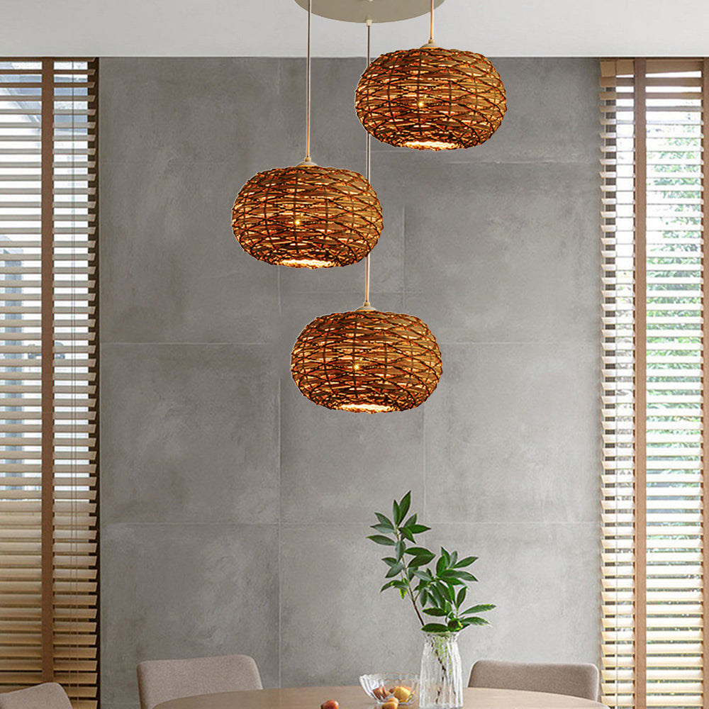 Ritta Retro LED Pendelleuchte Rattan Ess Wohnzimmer Restaurant