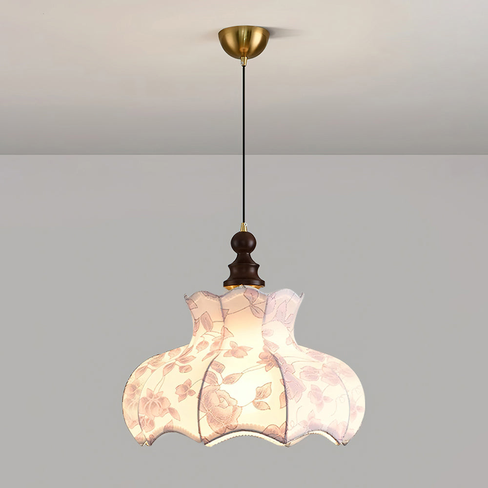 Vintage-Pendelleuchte aus Metall und Holz mit Stoffblume, elegant