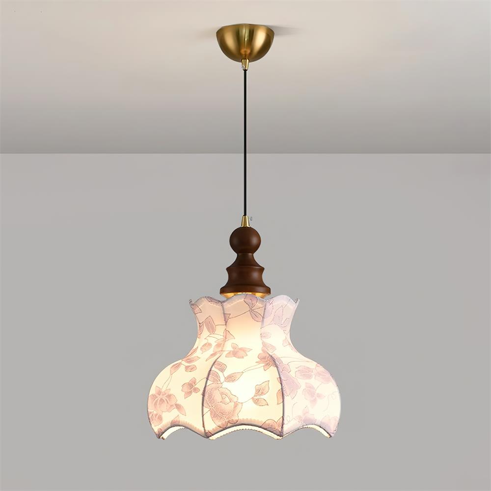 Vintage-Pendelleuchte aus Metall und Holz mit Stoffblume, elegant