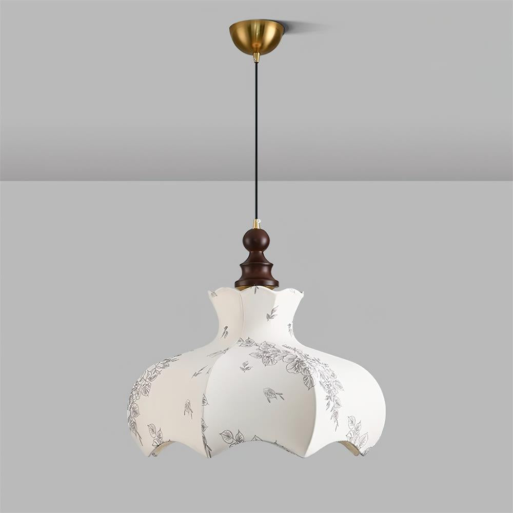 Vintage-Pendelleuchte aus Metall und Holz mit Stoffblume, elegant