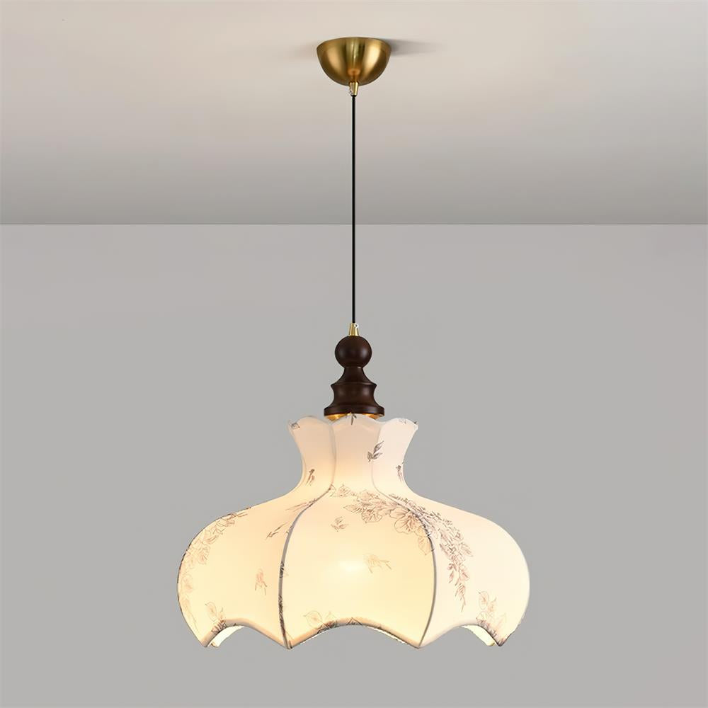 Vintage-Pendelleuchte aus Metall und Holz mit Stoffblume, elegant