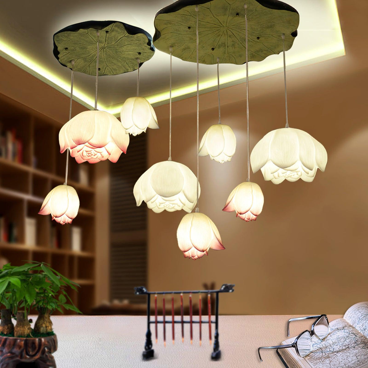 Rivinira Kronleuchter Lotus Floral Pendelleuchte Pink Weiß 7-Light