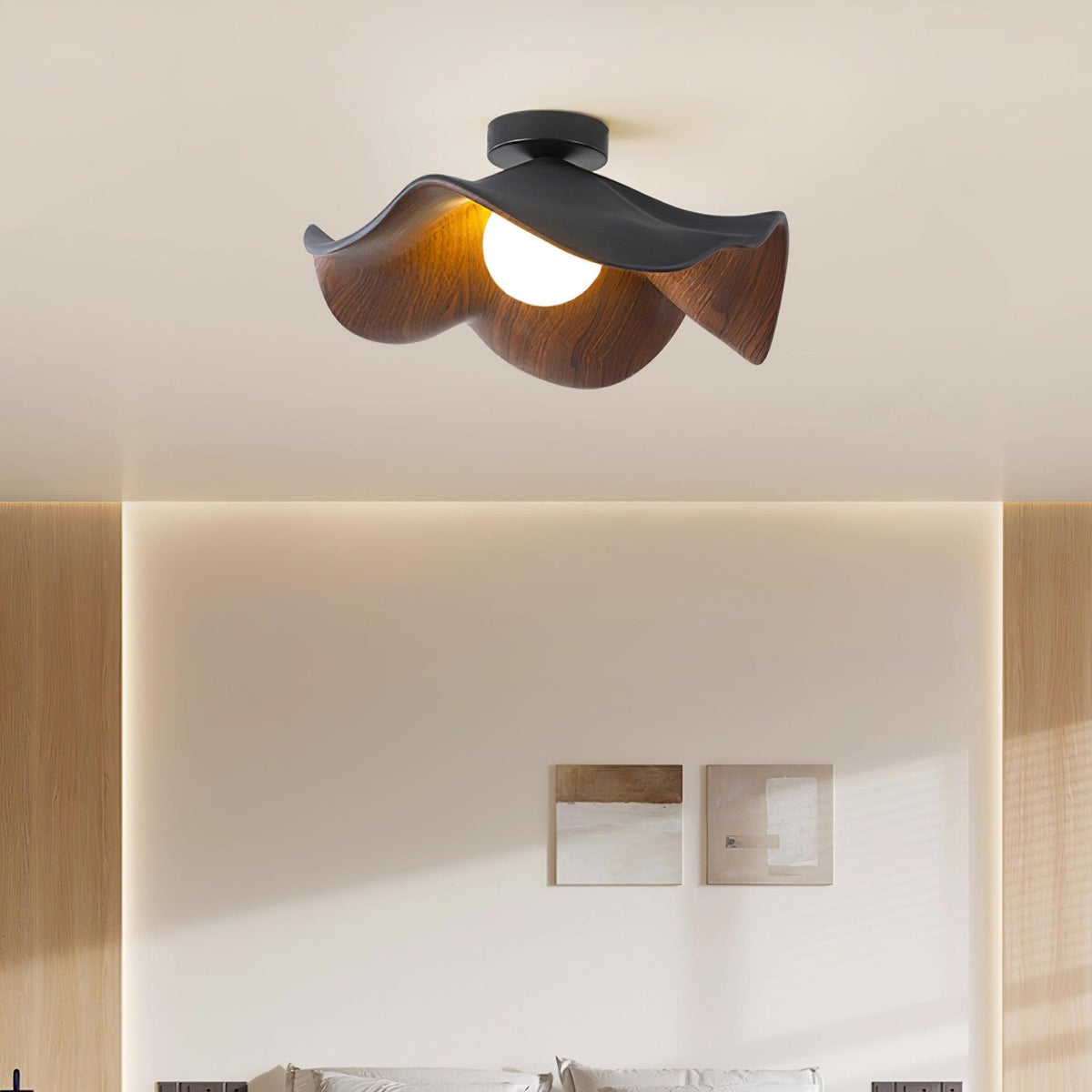 Belenor Deckenleuchte Lotus Leaf mit Holz- und Weiß-Oberfläche