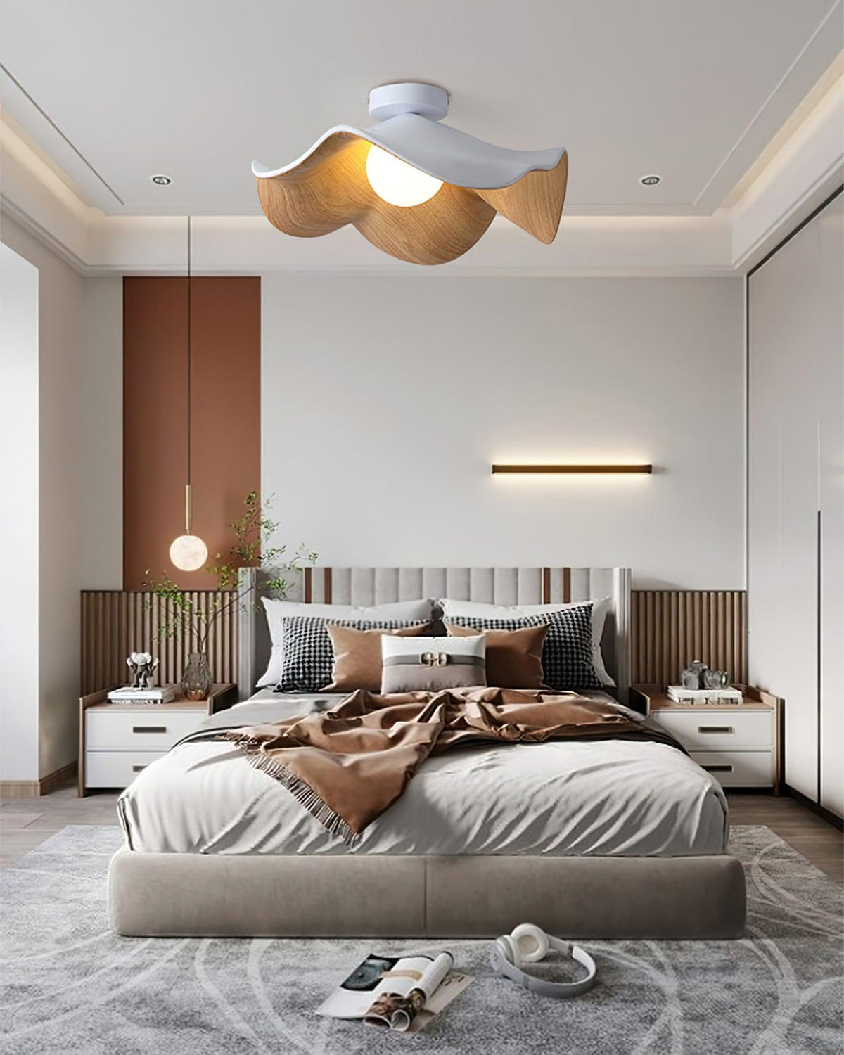Belenor Deckenleuchte Lotus Leaf mit Holz- und Weiß-Oberfläche