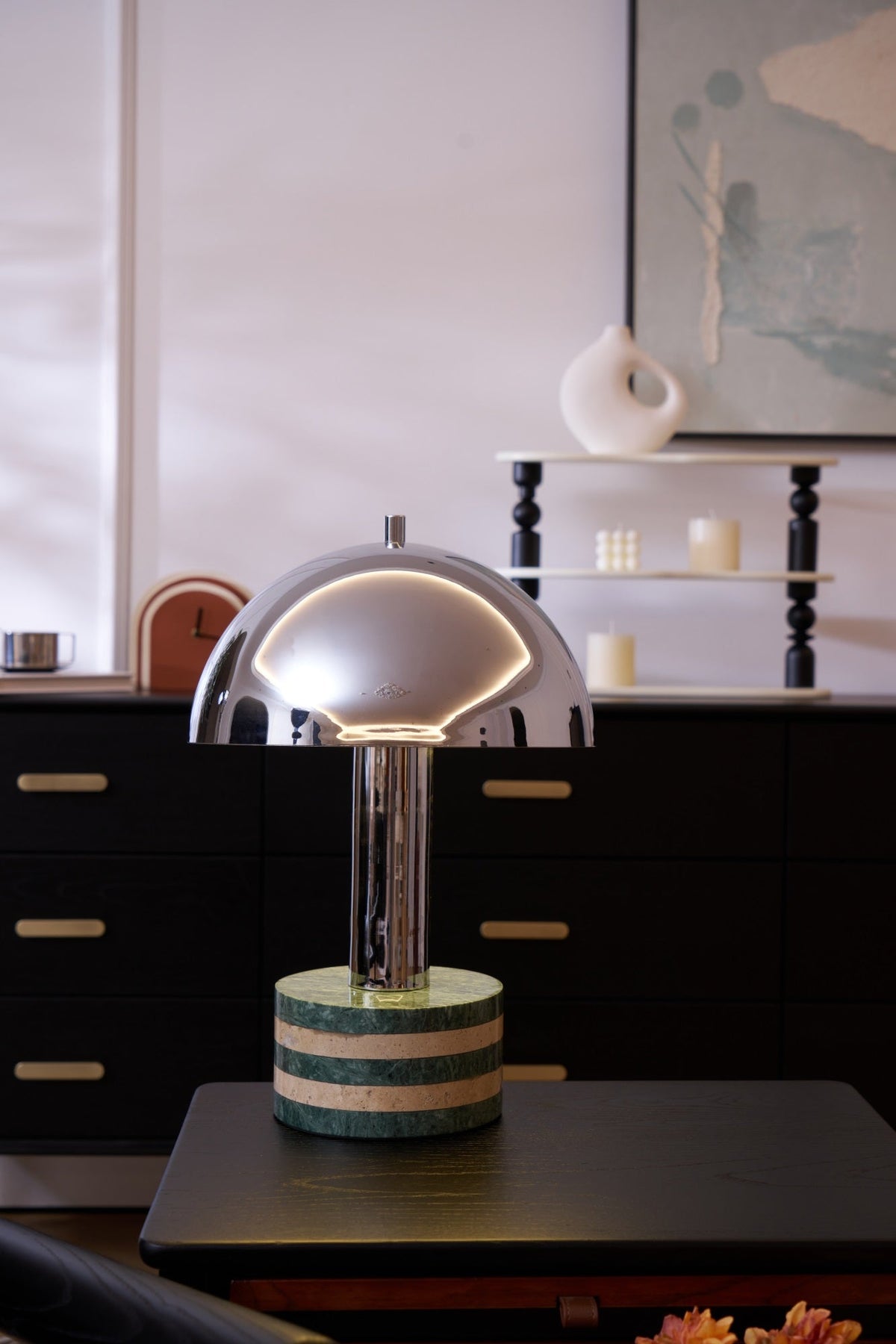 Strata Minimalistische Marmor-Tischleuchte in Grau & Beige
