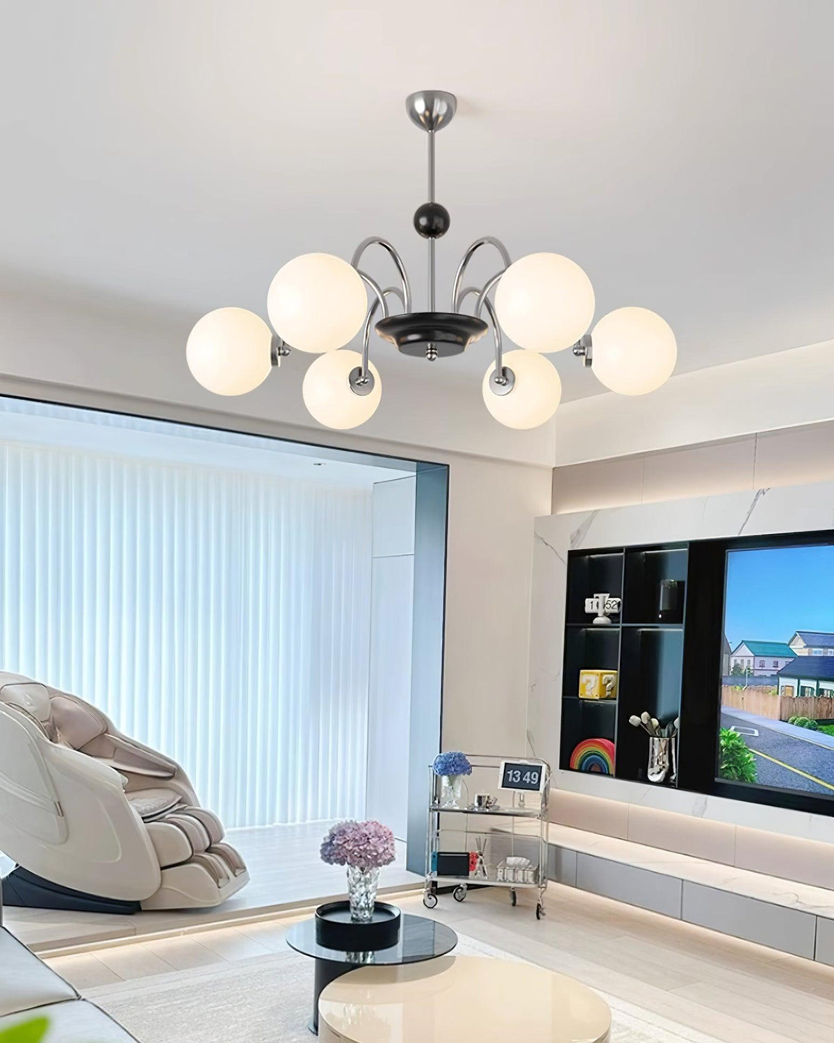 Kronleuchter gekrümmte Arme Kugelschirme moderner Retro-Stil Esszimmer