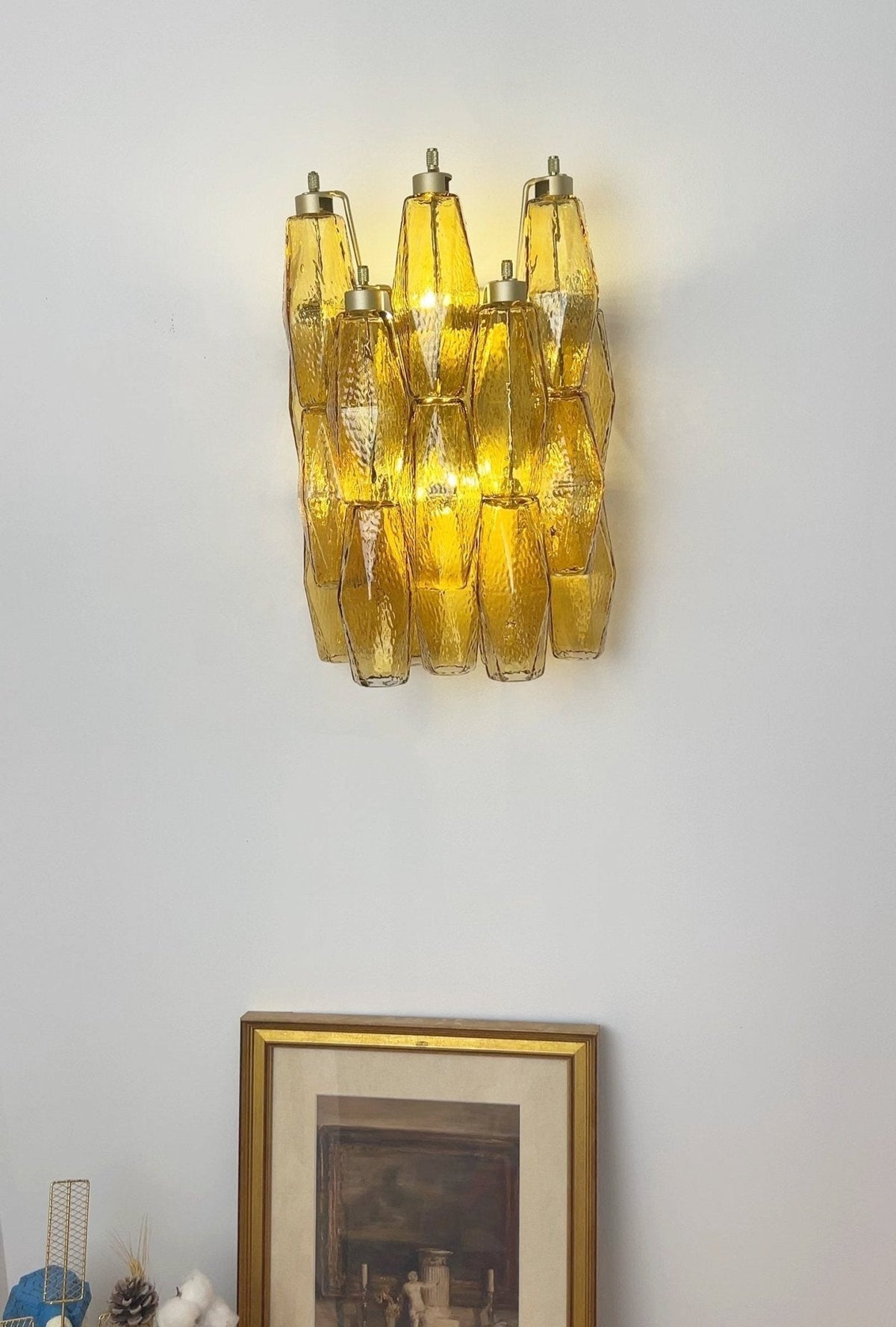Liorenette Wandleuchte Bernstein Rhombus-Glas Geometrisches Murano Warmglühen