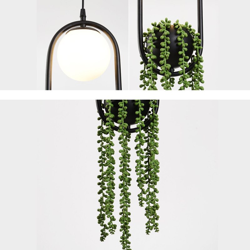 Natural Pflanzentopf Kugel Metall/Glas Pendelleuchte Schwarz/Grün Schlafzimmer
