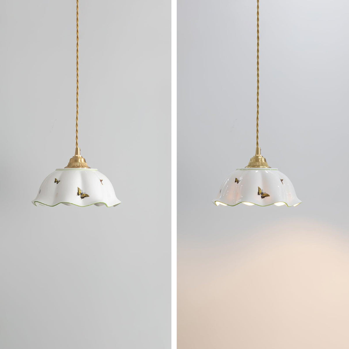 Lumina Pendelleuchte aus Keramik mit Blütenblatt-Schirm und handbemalten Schmetterlingen im Vintage-Stil