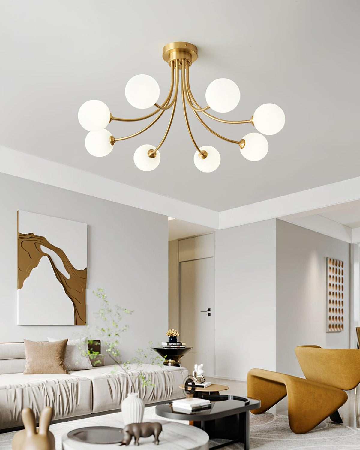 Deckenleuchte Messing verzweigter Arme Opal Kugellampen modern elegant