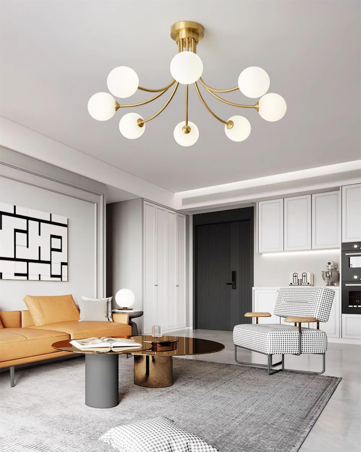Deckenleuchte Messing verzweigter Arme Opal Kugellampen modern elegant