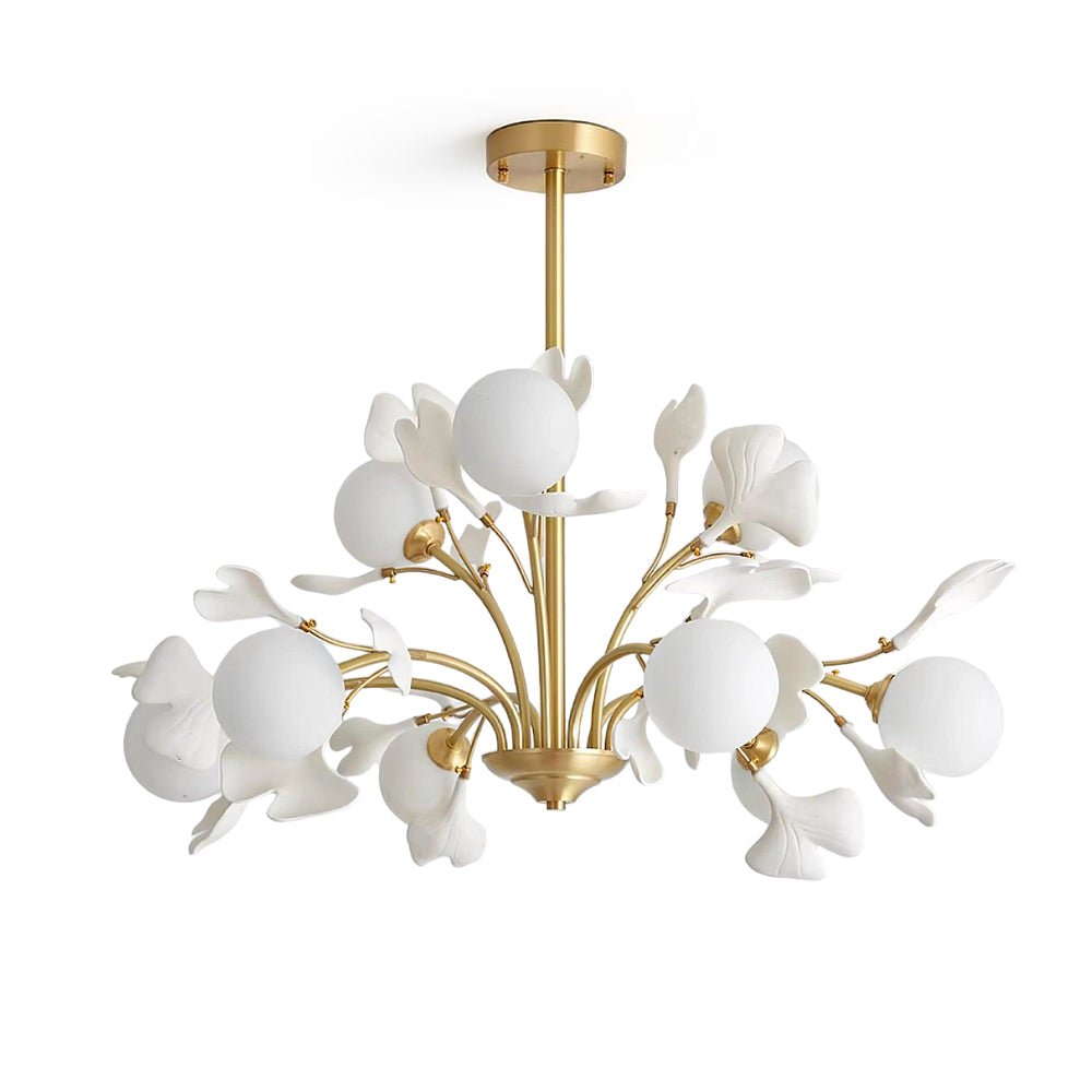 Dorvel Kronleuchter Ginkgo-Blatt Messing Keramik Glas