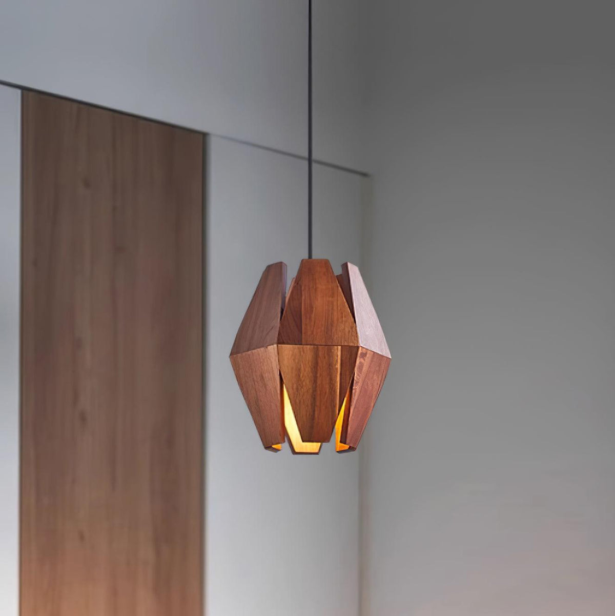 Miro Pendelleuchte geometrischer Holzlampenschirm warmes Leuchten nordischer Minimalismus Akzent