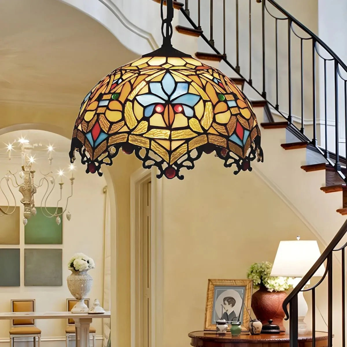 Arisha Tiffany Buntglas Kuppel Pendelleuchte, Gelb