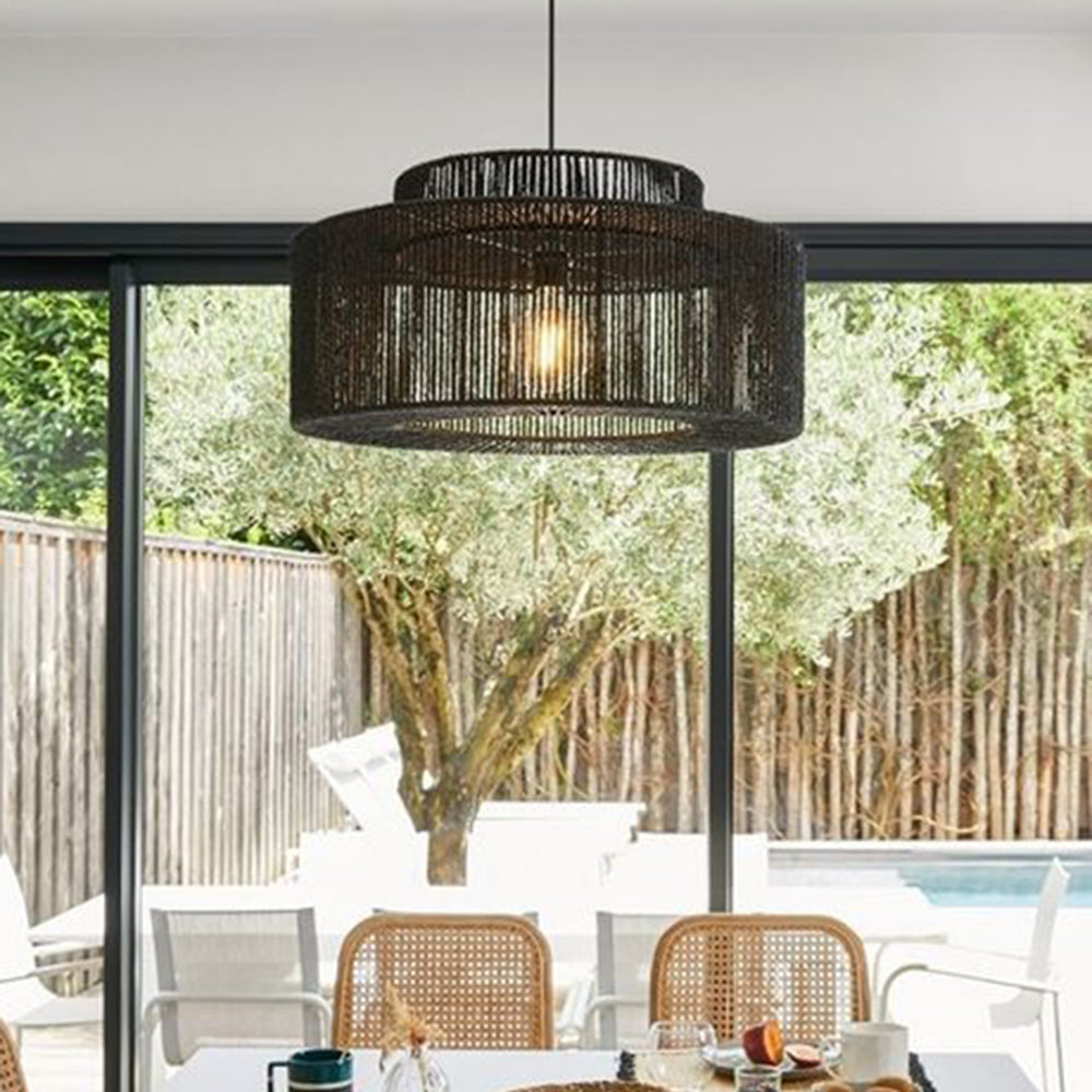 Muto Modern LED Pendelleuchte Zylinder Esszimmer, Schwarz, Rattan