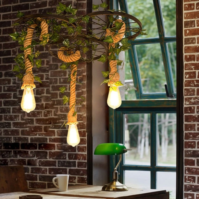 Valentina Industrieller LED Kronleuchter Schwarz Rattan Bar/Wohnzimmer