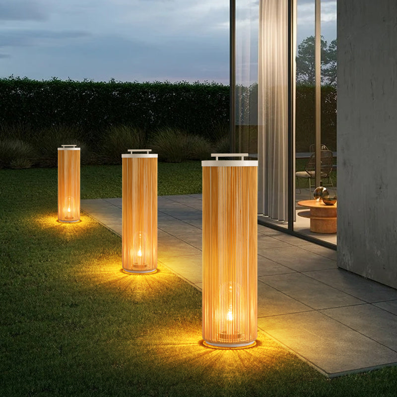 Ritta Modern LED Stehlampe, Zylinder, Metall/Rattan, Außen