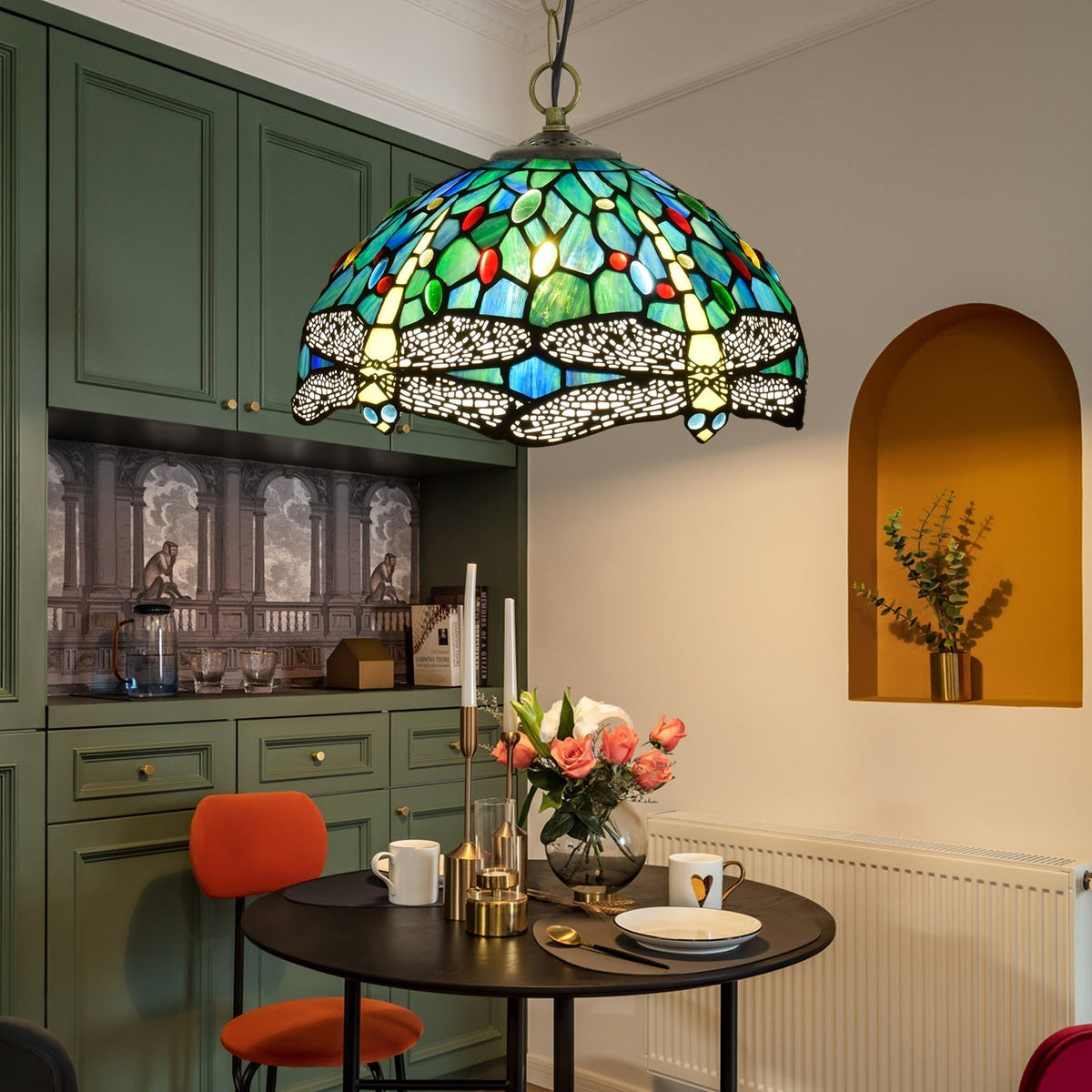Arisha Vintage Pendelleuchte Buntglas Metall Schale Wohnzimmer