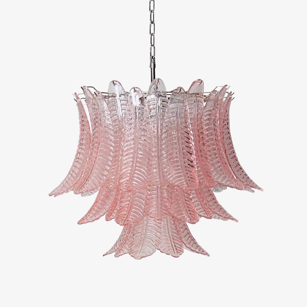 Celiaria Kronleuchter aus rosa Glas in Kieselsteinform mit geschichteten Blättern, luxuriös und zeitgenössisch