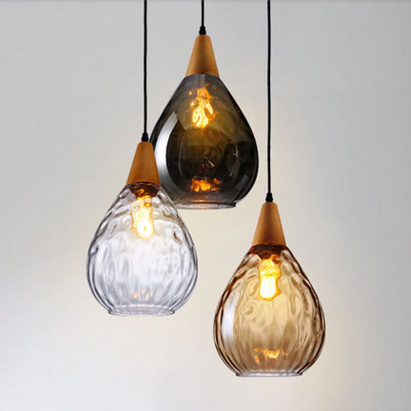 Aria Rustikal  Pendelleuchte  Tränentropfen LED Klar/Grau  Glas&Holz