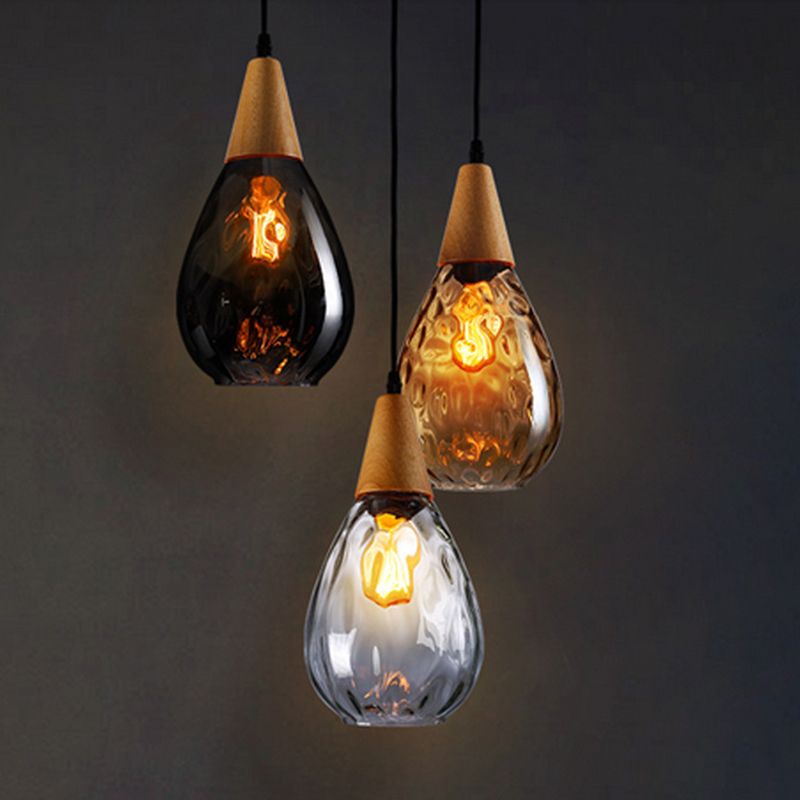 Aria Rustikal  Pendelleuchte  Tränentropfen LED Klar/Grau  Glas&Holz