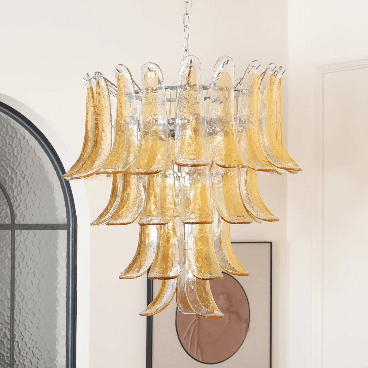 Liorisissa Kronleuchter Bernsteinfarben Lily Murano-Glas gestaffelter Mittelpunkt