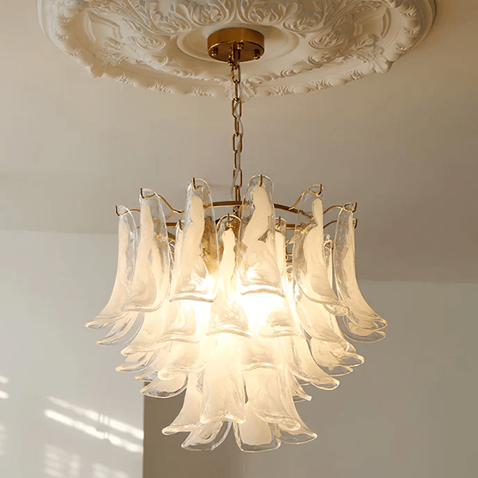 Elvess Kronleuchter Murano-Glas-Blätter Gold