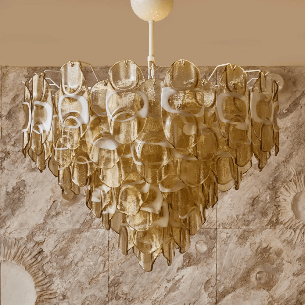 Celuora Kronleuchter aus bernsteinfarbenem Murano-Glas mit ovalem Tropfen-Design in geschichteter Ausführung