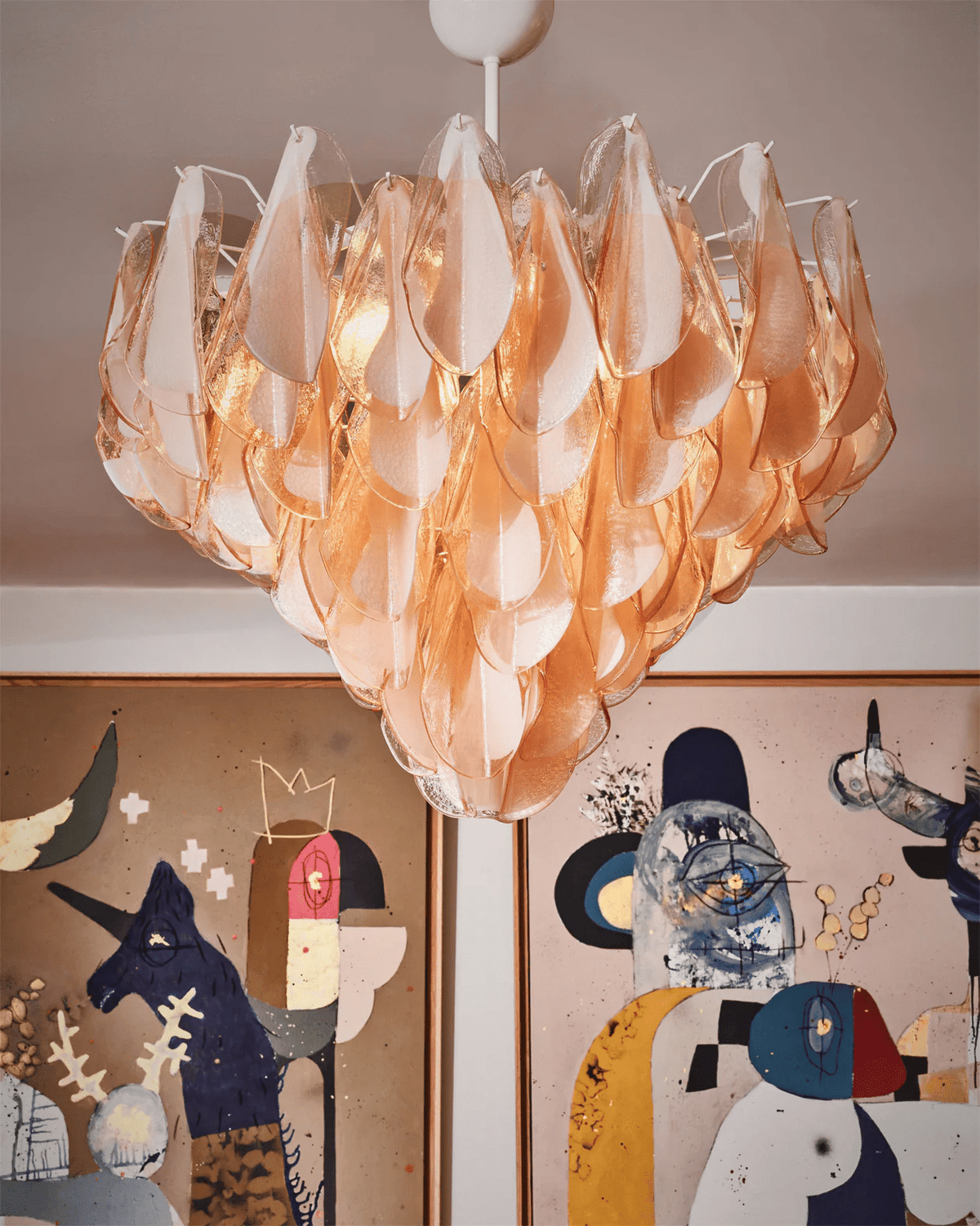 Celuora Kronleuchter aus bernsteinfarbenem Murano-Glas mit ovalem Tropfen-Design in geschichteter Ausführung